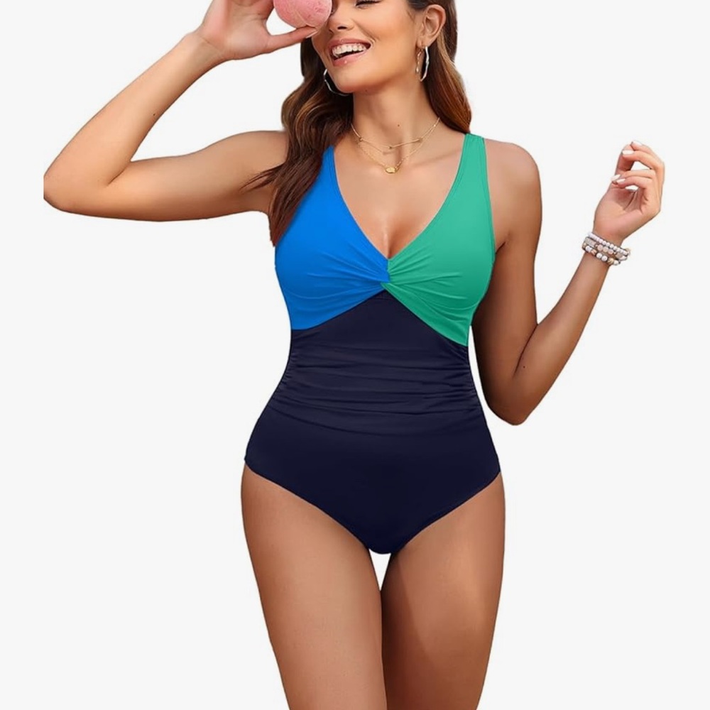 Elegant Blue and Green One-Piece Swimsuit